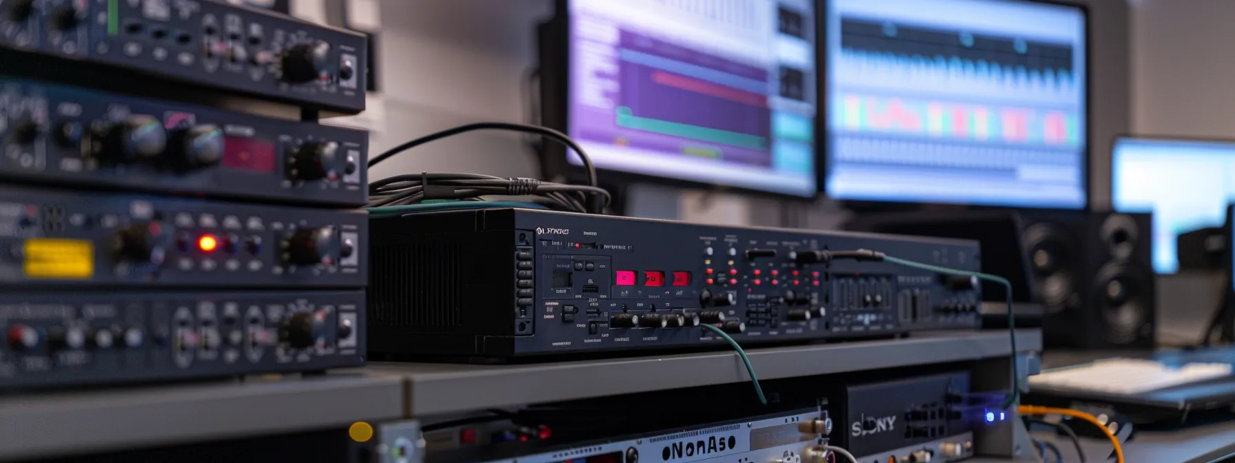 What is a Baseband Unit (BBU)? 11 a close-up shot of a sleek baseband unit in a modern urban telecommunications office, showcasing its intricate transceiver components and processing units against a backdrop of digital displays and data visualizations.