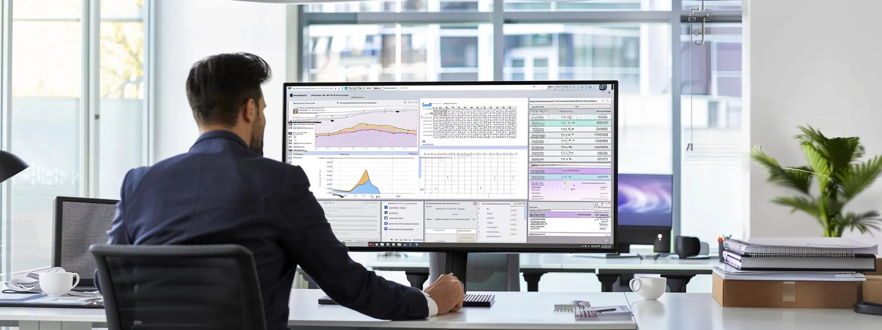 a focused, contemporary office scene depicts a professional analyzing a large digital display of complex bai2 file format data, with invoice and cheque documents prominently featured on sleek workstations.