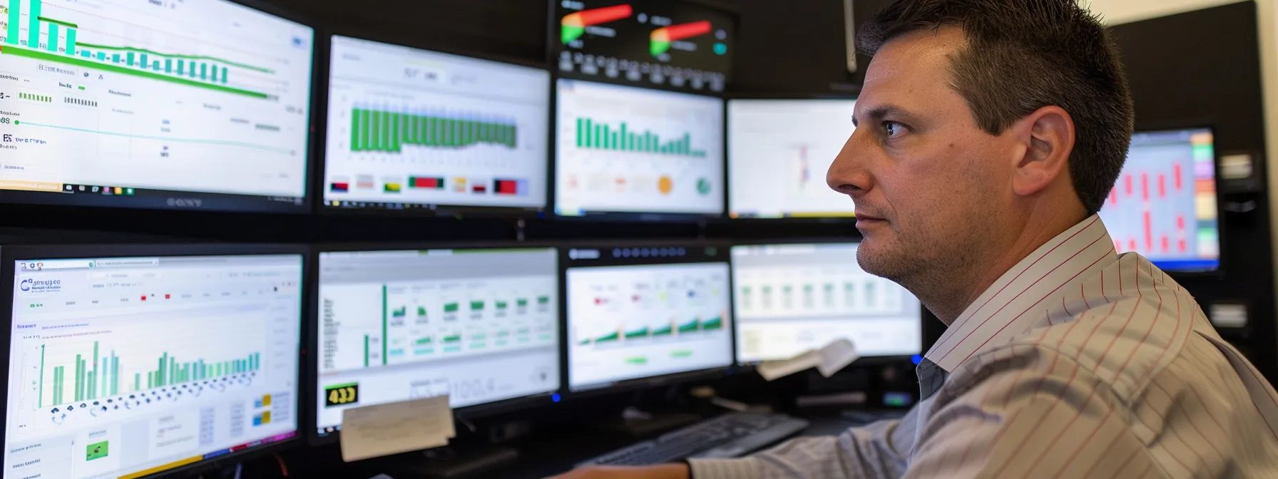 a focused network administrator examines performance data on multiple screens in a modern office environment, analyzing bandwidth bottlenecks and network modulation impacts under bright, artificial lighting.
