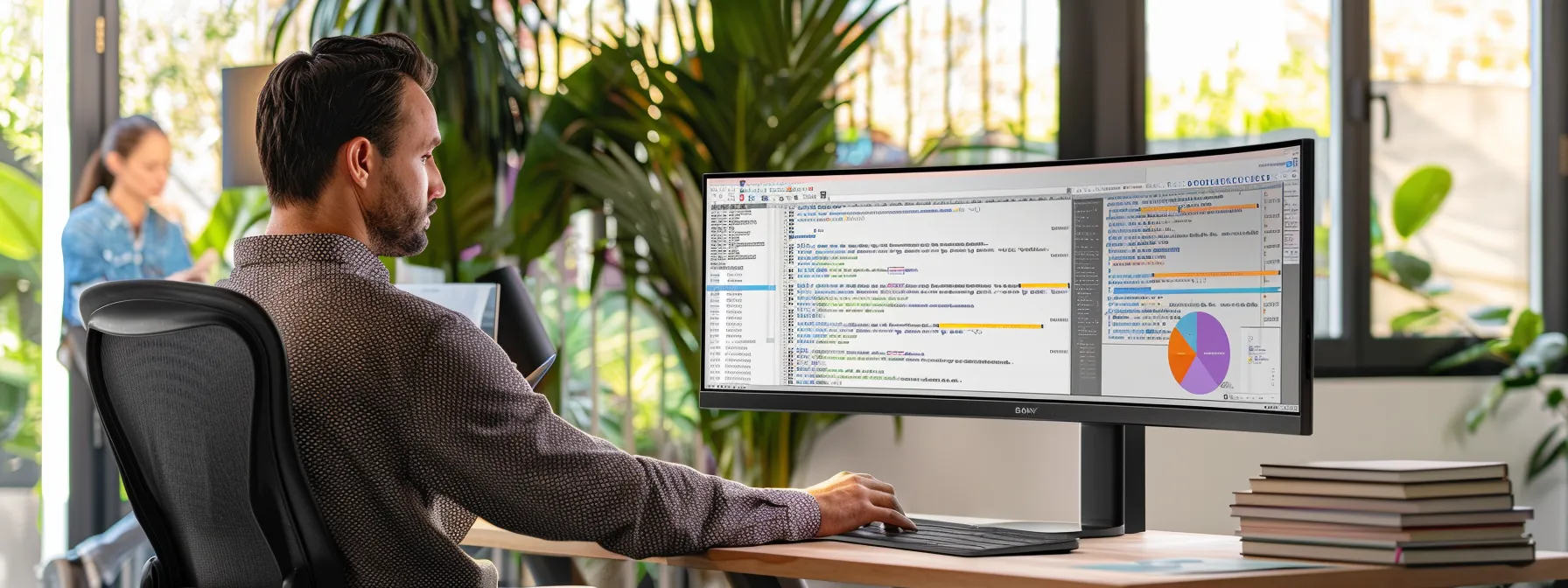a focused office environment showcases an it professional intently examining a large monitor displaying a complex regex code with highlighted backslashes, emphasizing the art of string manipulation and coding efficiency.