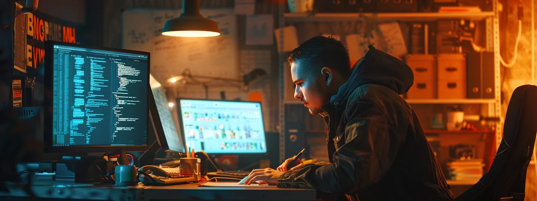 What is Basic Assembler Language (BAL)? 12 a focused programmer sits at a sleek, modern desk in a dimly lit office, intently analyzing complex code on dual monitors, with vibrant syntax highlighting showcasing the intricacies of basic assembler language against a backdrop of technical manuals and a whiteboard filled with debugging strategies.