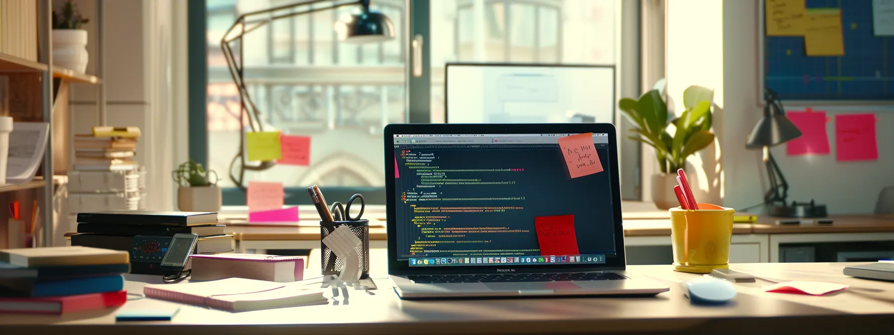 Optimizing Your Workflow Using Bash, Bourne Again Shell Tools 15 a focused workspace featuring a sleek laptop displaying bash command syntax on its screen, surrounded by open manuals and vibrant post-it notes in an organized, modern office setting.