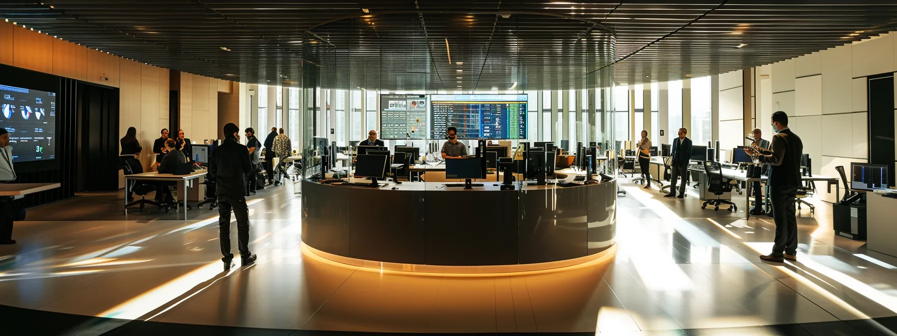 a futuristic office filled with engineers collaborating over a large digital display, showcasing complex beamforming matrices and signal processing visuals, emphasizing the precision and innovation in wireless communication technology.