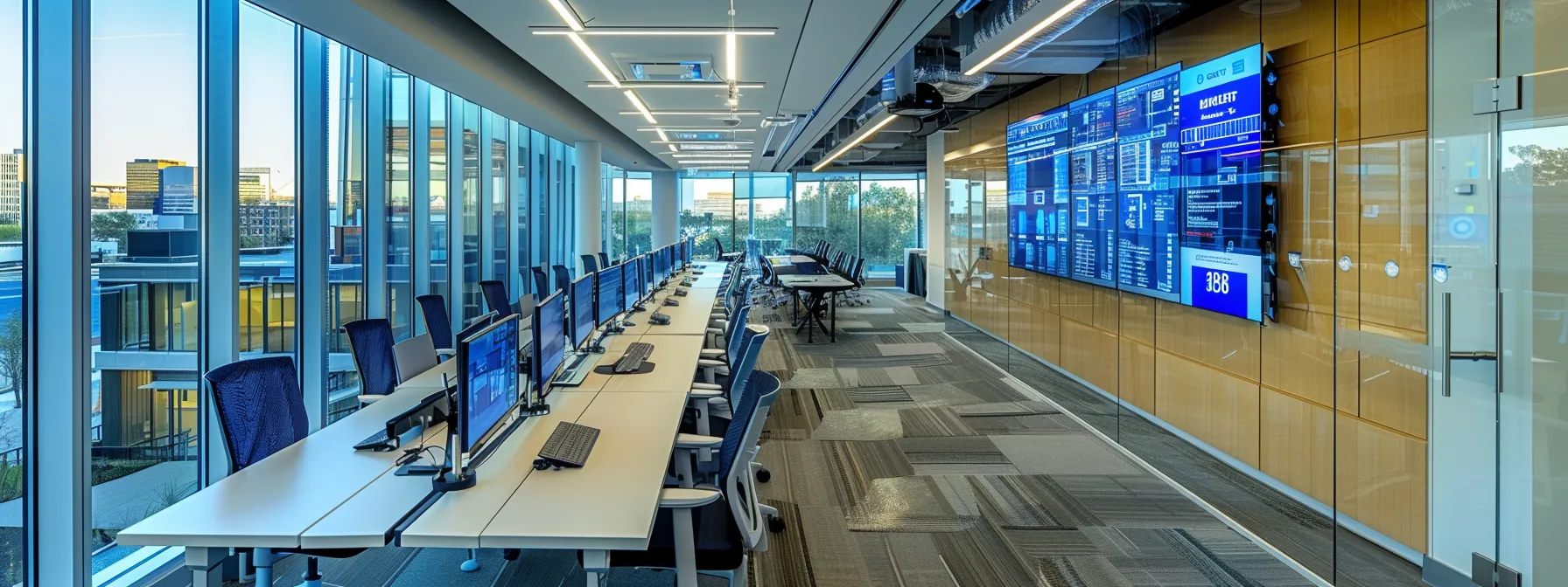 a modern office environment showcases a diverse team engaged in a strategic discussion around a high-tech conference table, with digital screens displaying complex security analytics and behavior-based security frameworks, symbolizing the challenges of implementing advanced cybersecurity measures.