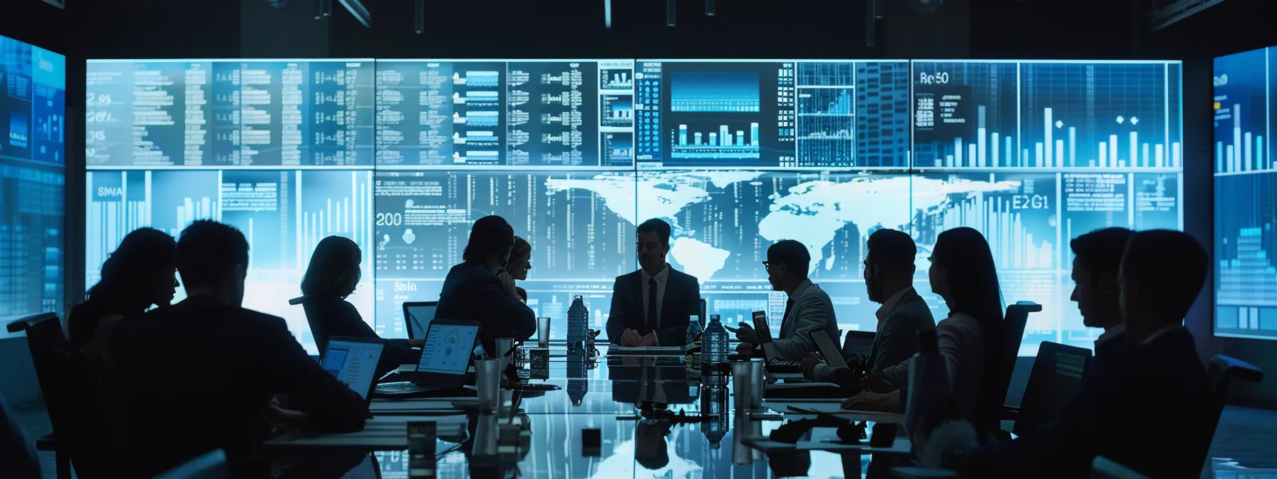 a modern office interior showcases a diverse team engaged in a dynamic discussion around a sleek conference table, with digital screens displaying complex charts and graphs related to benefits administration and regulatory compliance.