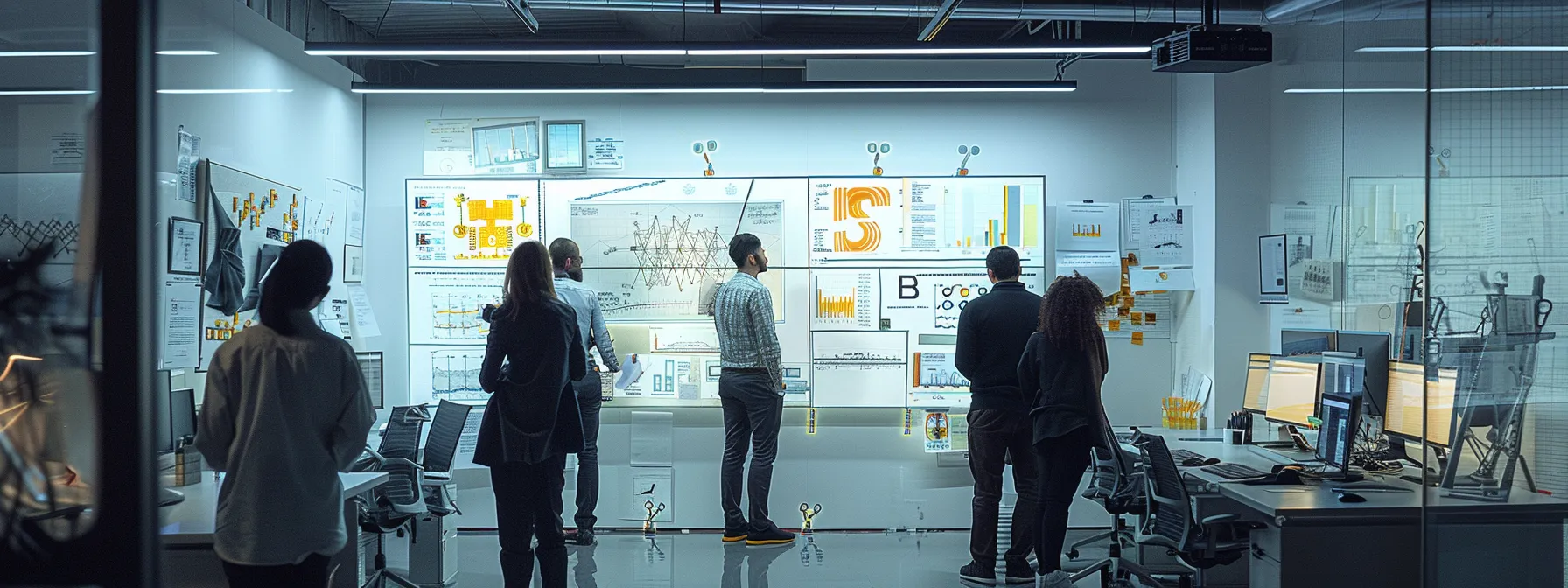 a modern office space is filled with professionals engaged in deep discussions around a digital whiteboard showcasing intricate diagrams and analytics related to bert language model applications in nlp tasks.