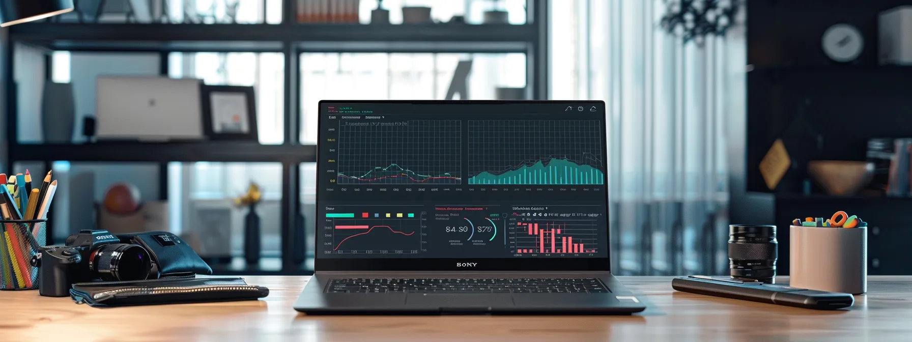 a modern office workspace features a sleek laptop displaying a detailed battery health dashboard, with vibrant charts and tips for maximizing battery life, illuminated by focused task lighting against a backdrop of organized tech accessories.
