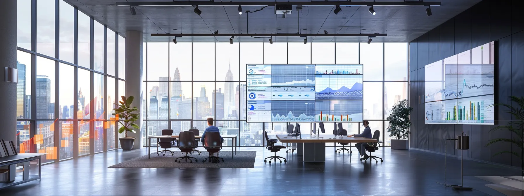 Understanding Base Station Technology in Telecommunications 18 a modern urban office with large screens displaying detailed graphs and statistics of successful base station implementations, showcasing professionals engaged in lively discussions about optimizing connectivity solutions.
