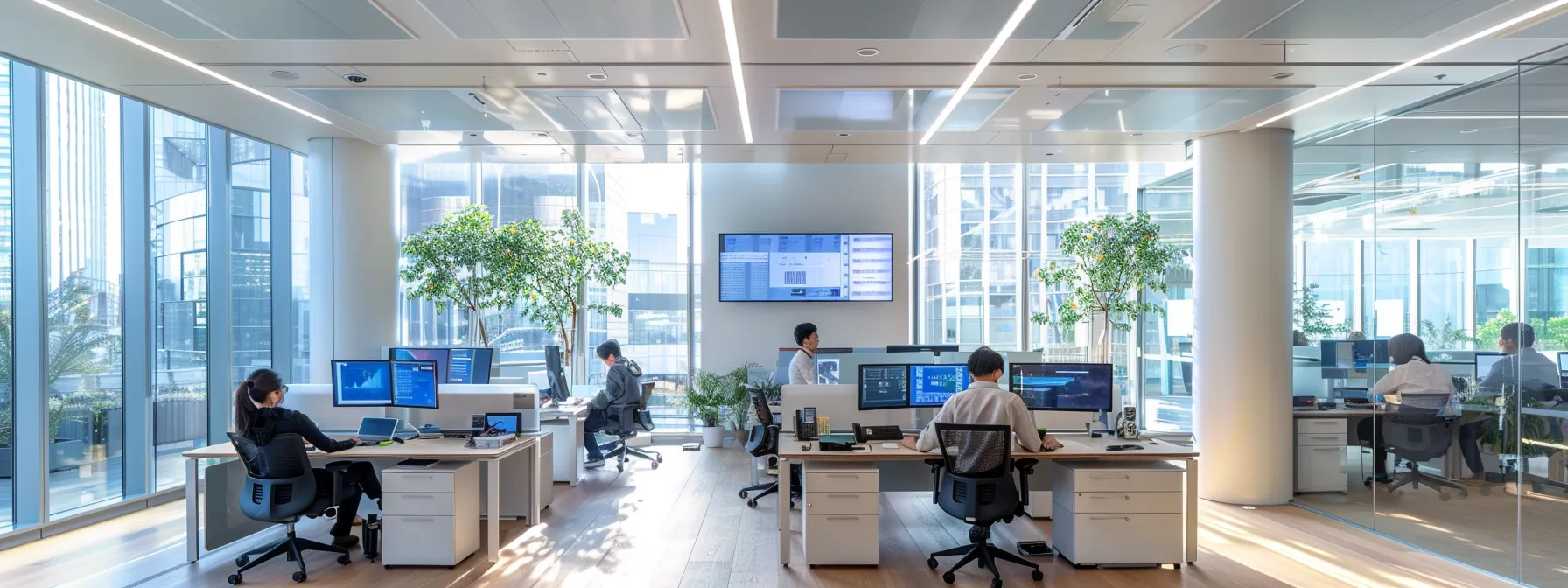 What is a Baseband Unit (BBU)? 15 a sleek, high-tech office space featuring multiple high-definition screens displaying dynamic data and graphical representations of baseband settings, emphasizing the optimization of network configurations for enhanced signal quality and data transfer rates.