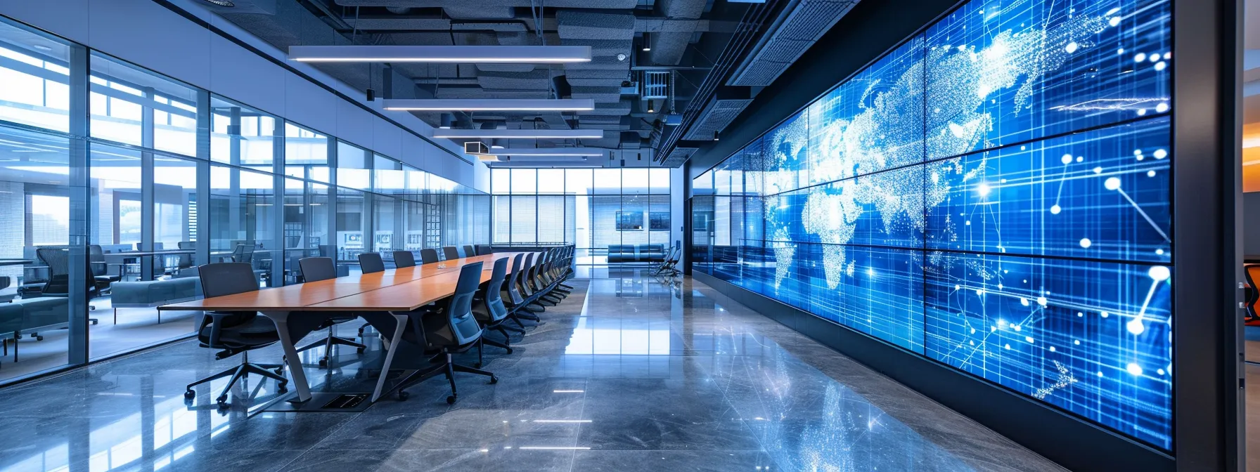 a sleek, modern conference room filled with high-tech equipment, showcasing a large digital display illustrating diverse beamforming techniques, with 5g signal patterns vividly highlighted against a backdrop of contemporary office design.
