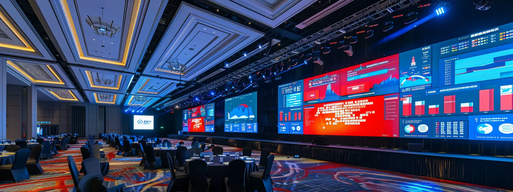 a sleek, modern conference room illuminated by dynamic led screens displays animated infographics illustrating baidu's global strategies and innovations, embodying the company's competitive adaptability amid international business challenges.