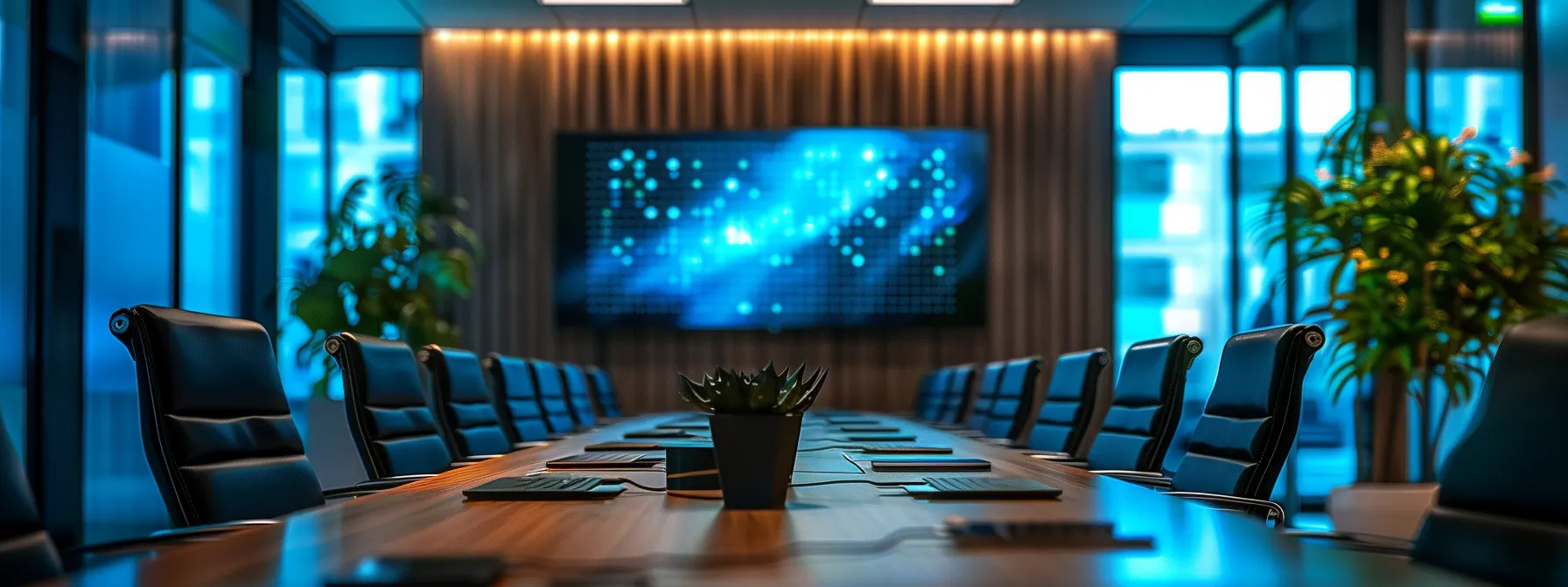 a sleek, modern office conference room filled with professionals discussing advanced beamforming algorithms, illuminated by dynamic led screens displaying intricate data visualizations and network diagrams that highlight the future of data communication and electromagnetic interference solutions.