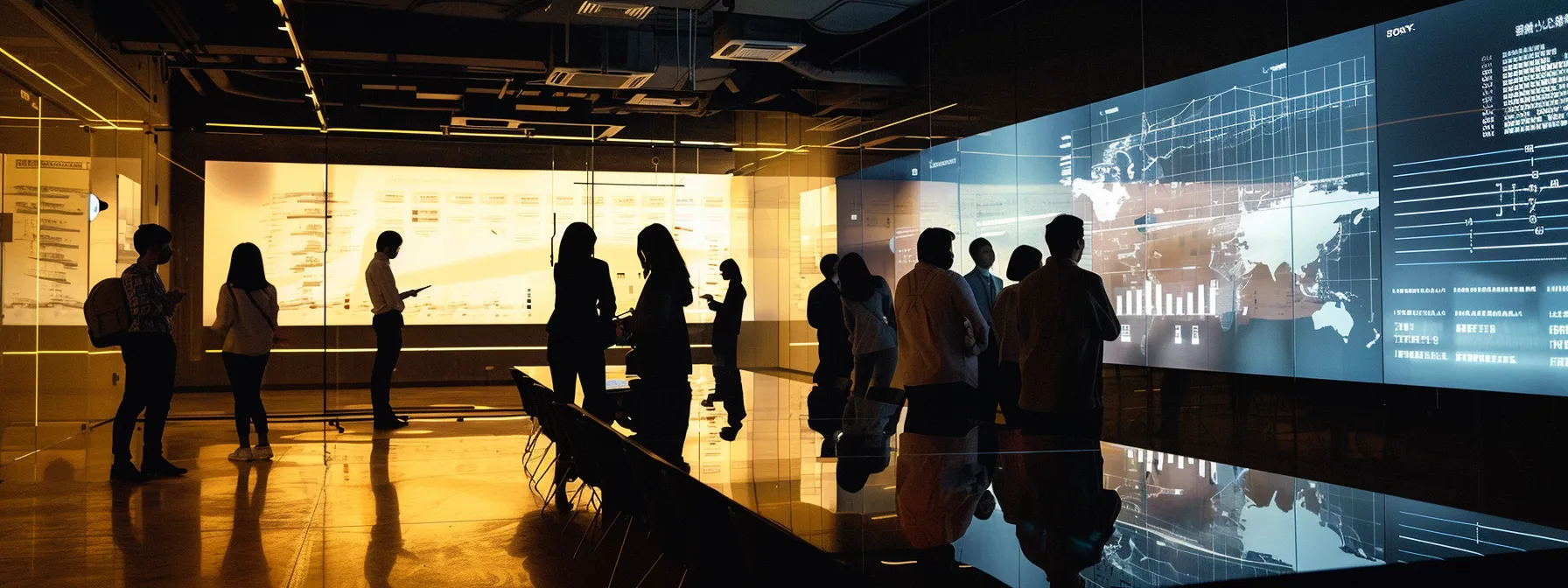 What is a Baseband Unit (BBU)? 18 a sleek, modern office conference room is illuminated by warm, indirect lighting, featuring a large digital display showcasing a detailed infographic on baseband unit selection, while professionals engage in focused discussions around a minimalist glass table.