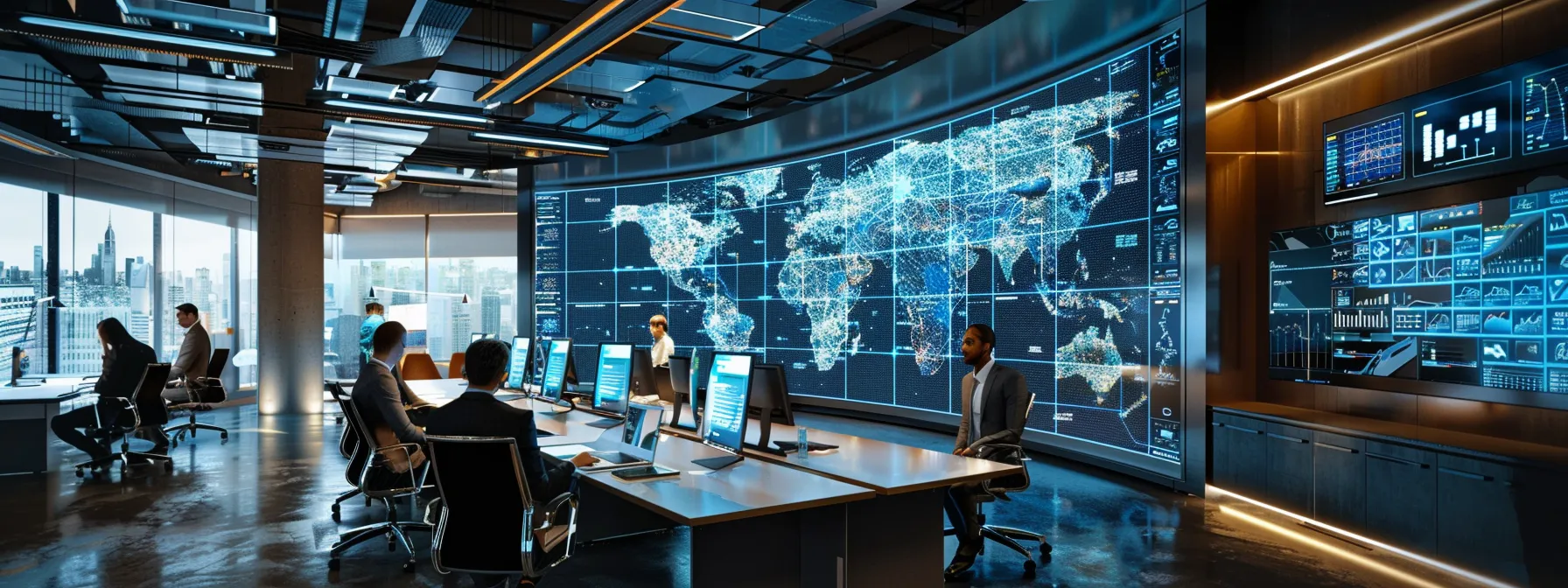 Key Elements in Business to Business and B2B B2C Models 9 a sleek, modern office conference room bustling with professionals engaged in a dynamic discussion, surrounded by strategically placed digital screens showcasing b2b marketing strategies and analytics.