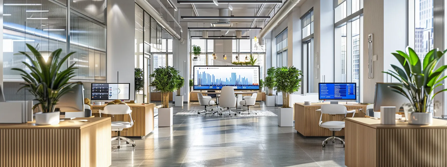 a sleek, modern office environment with multiple digital screens displaying real-time behavior-based security analytics and data visualizations, casting an impression of advanced technology and heightened security awareness.