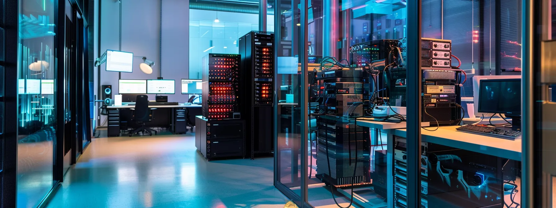 a sleek, modern office environment showcases intricate antennas and high-tech equipment illuminated by cool, focused lighting, emphasizing the advanced technology of beamforming in wireless communication.