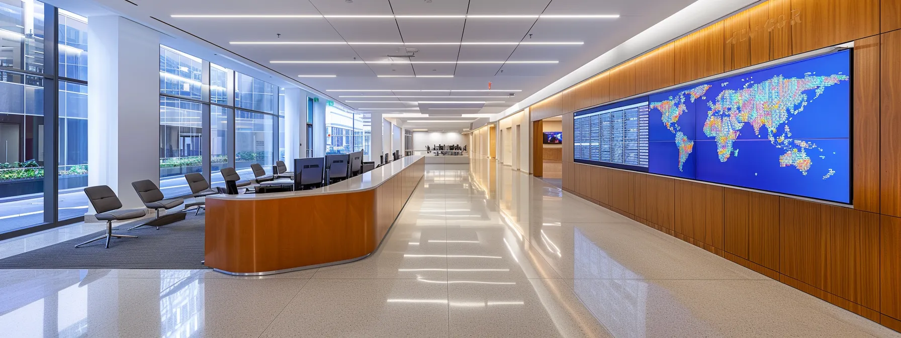 a sleek, modern office features a large digital dashboard displaying organized financial data and analytics, emphasizing the streamlined efficiency and automation of the bai2 file format in business operations.
