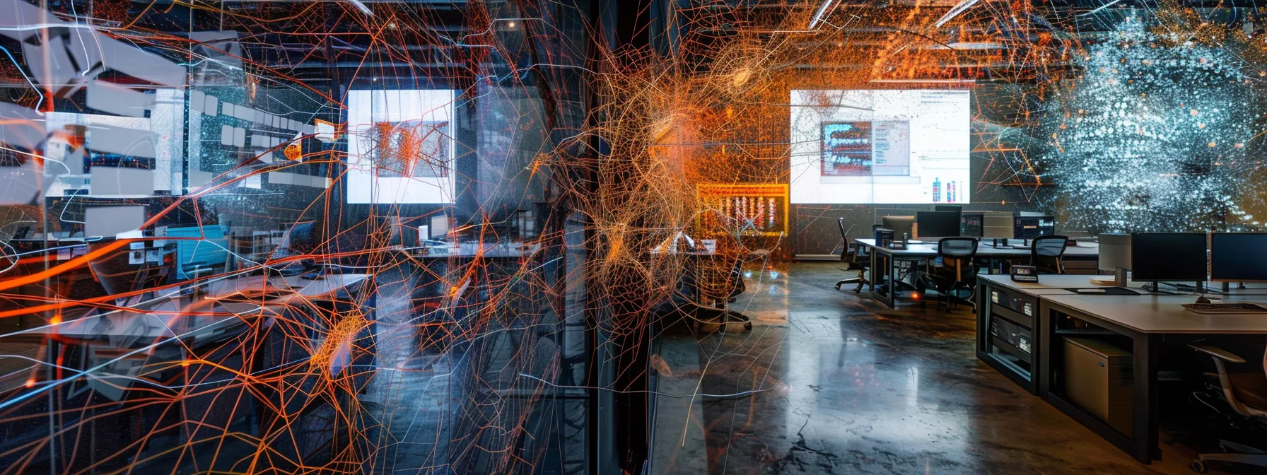 a sleek, modern office filled with high-tech computers displays intricate visualizations of neural network layers and data embeddings, symbolizing the complex architecture and powerful processing capabilities of the bert language model.