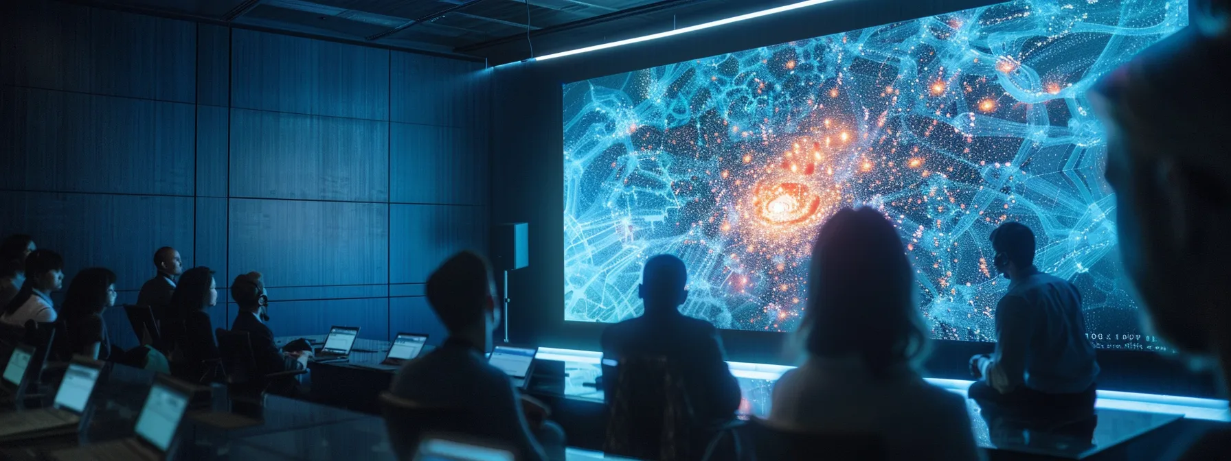 a sleek, modern office setting showcases a large screen displaying intricate visualizations of distilbert and albert algorithms, with professionals engaged in a dynamic discussion on innovative applications in information retrieval and linguistics.
