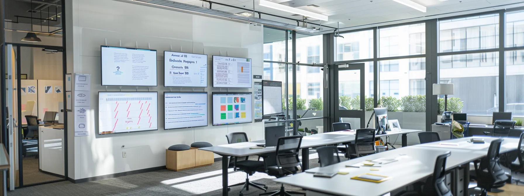 a sleek, modern office space filled with whiteboards, sticky notes, and digital screens showcasing key milestones and graphs that illustrate the evolution of language models, highlighting bert's significant advancements in a collaborative atmosphere of innovation and technology.