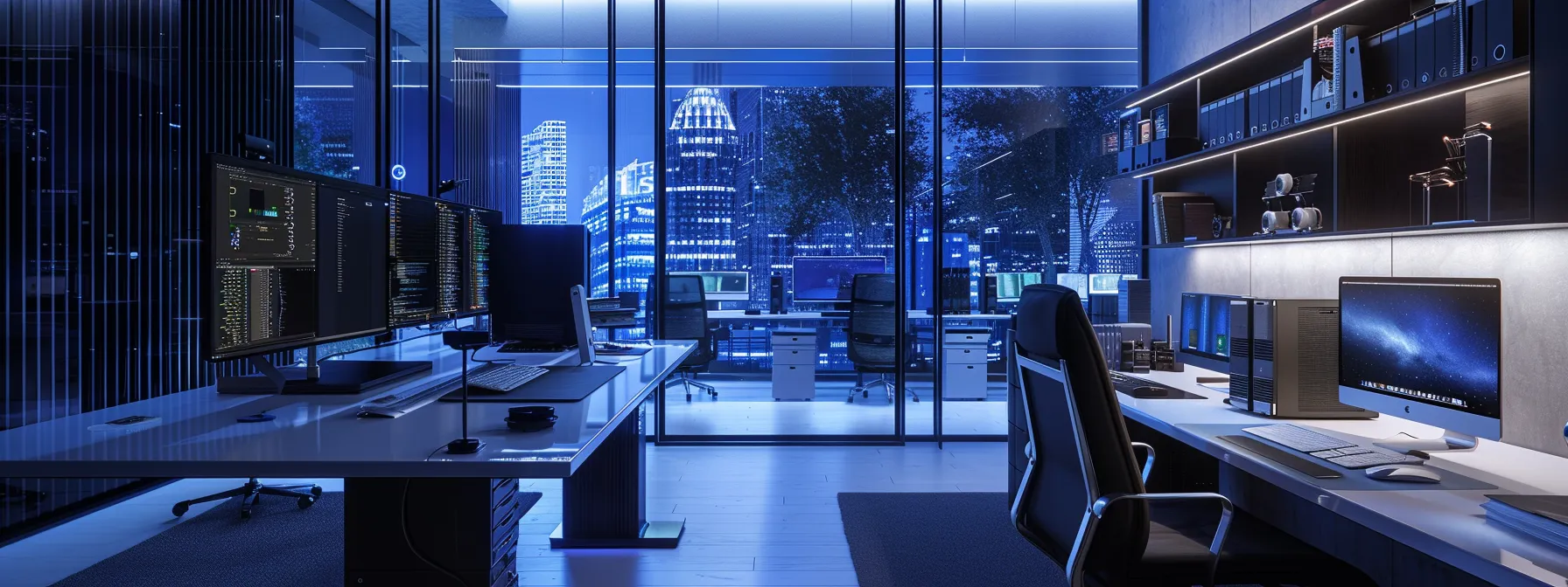 What is a Backup Storage Device? 11 a sleek, modern office space is illuminated by cool, ambient lighting, showcasing an array of high-tech backup storage devices on a polished desk, emphasizing their advanced features like sleek design, connectivity options, and performance indicators.