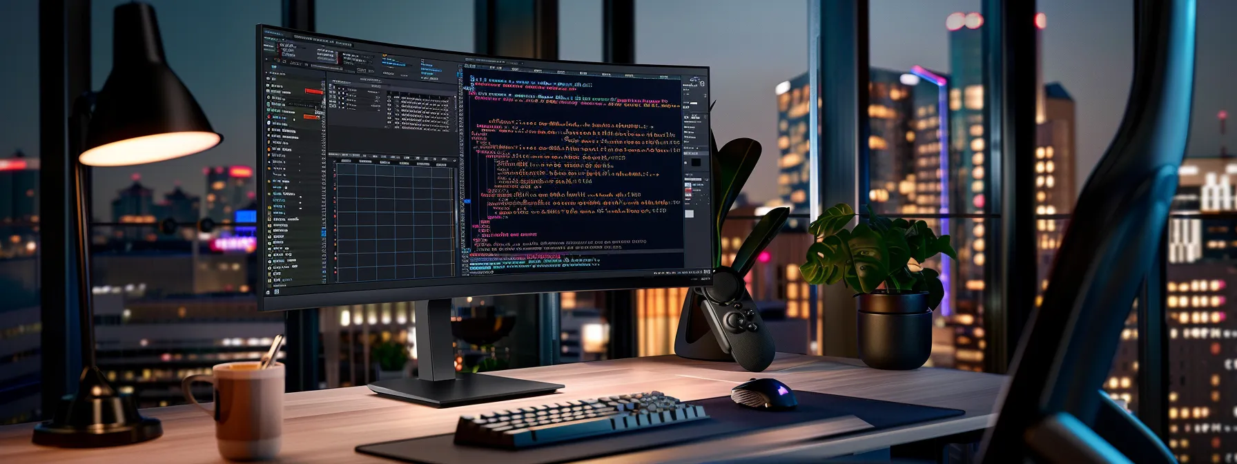Optimizing Your Workflow Using Bash, Bourne Again Shell Tools 10 a sleek, modern office workspace showcases a high-resolution computer monitor displaying an intricate command-line interface of the bash shell, with vibrant code highlighted against a dark background, emphasizing the dynamic process of command sequence execution.