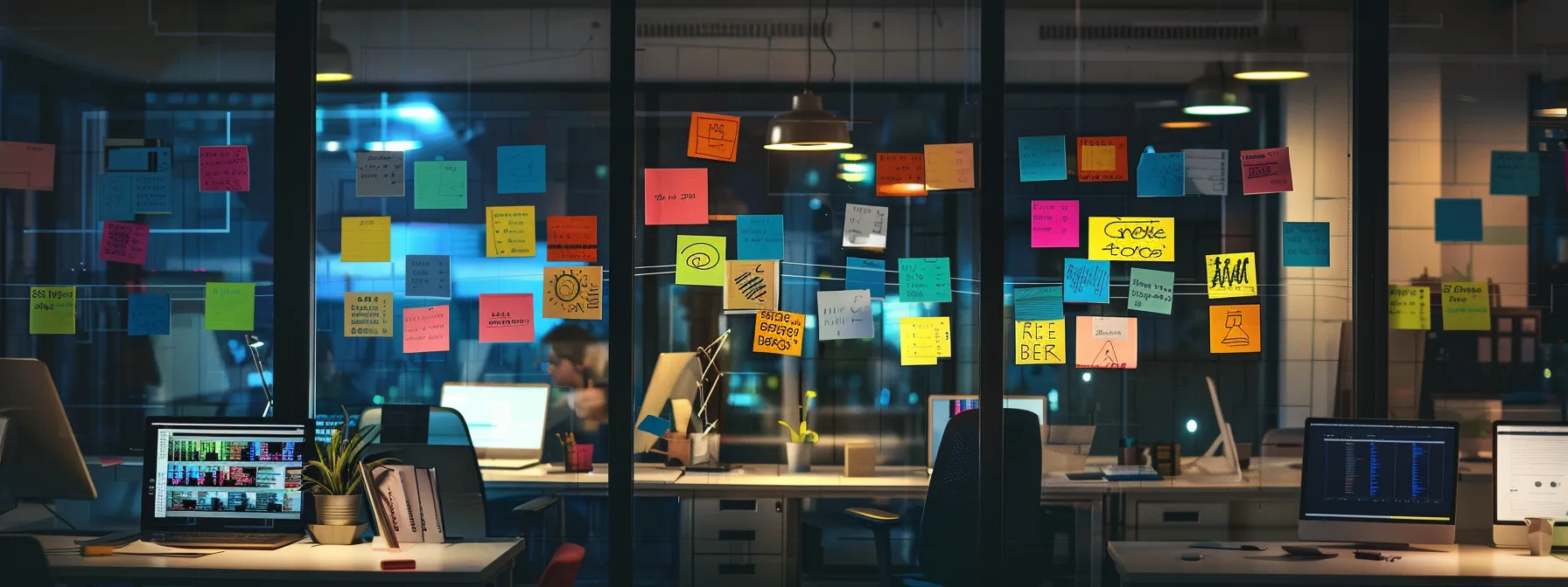 a sleek, modern office workspace is filled with open laptops displaying code and data visualizations related to natural language processing, while colorful sticky notes with acronyms and definitions are scattered around, highlighting key concepts from bert and machine learning techniques in an organized chaos.