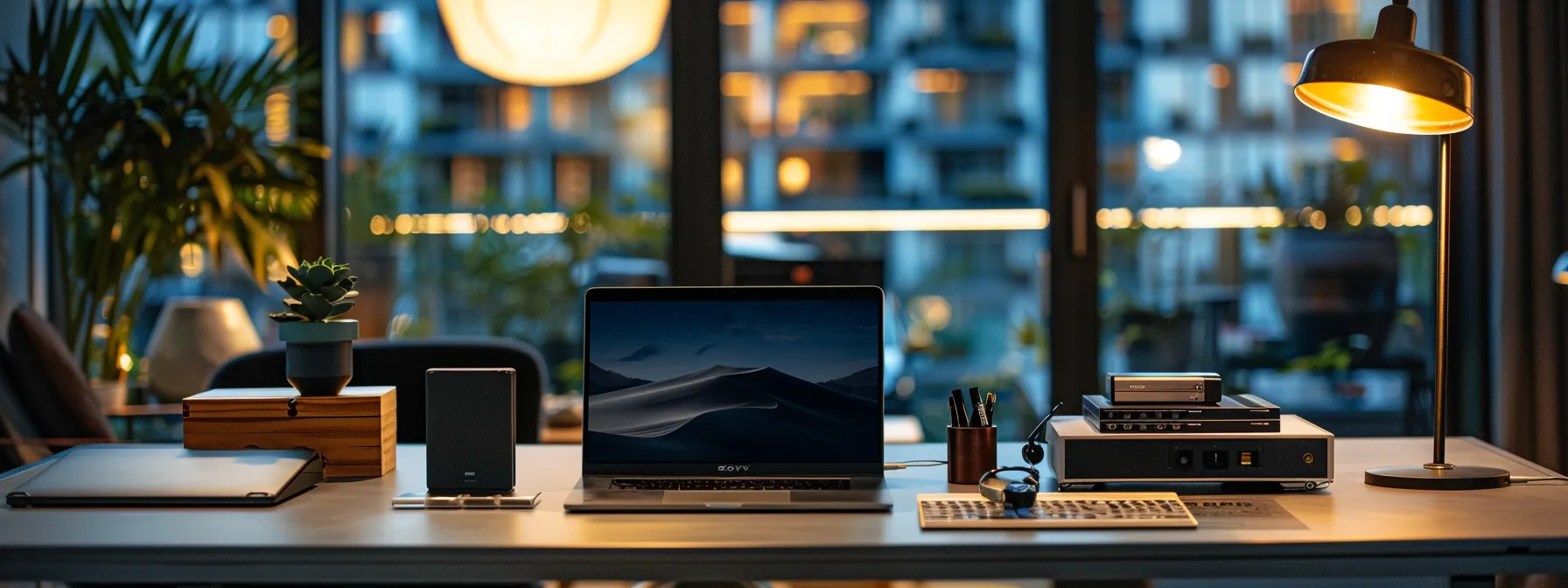 What is a Backup Storage Device? 13 a sleek, modern office workspace showcases a high-tech laptop with an array of diverse external backup storage devices neatly organized on a polished desk, illuminated by focused indoor lighting that highlights their features and compatibility options.