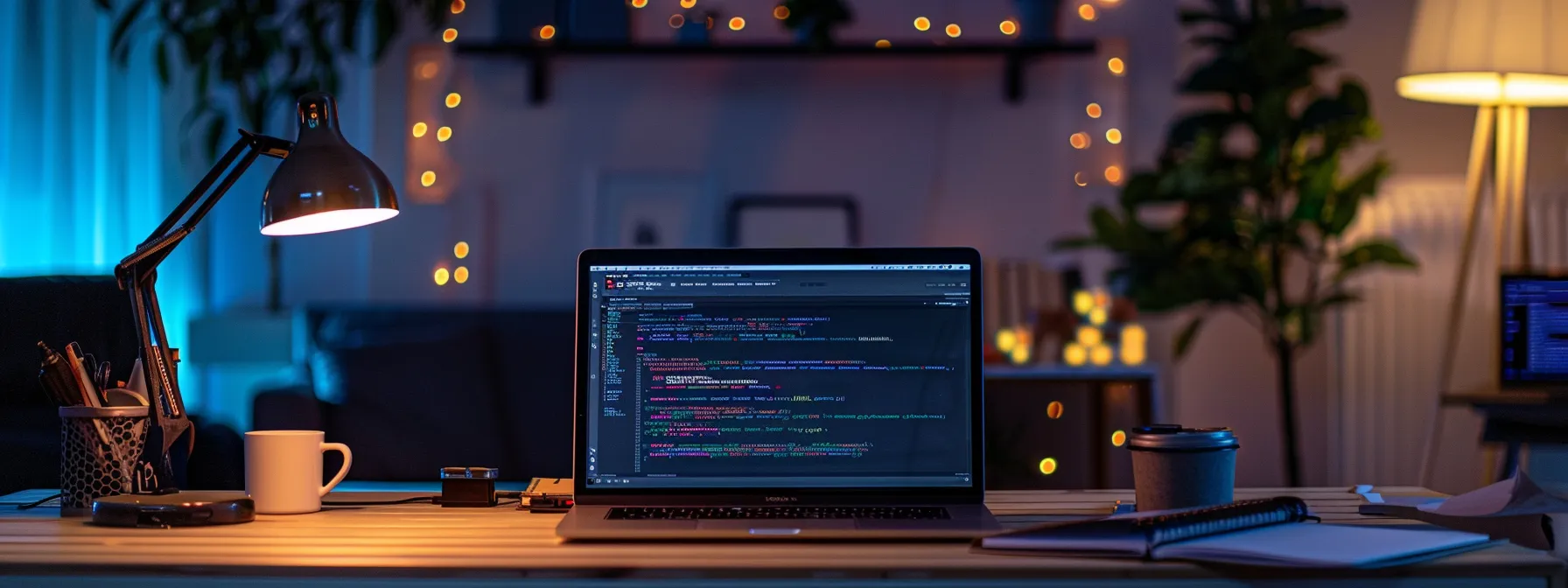 What is a Batch File? 10 a sleek, modern office workspace features a laptop opened to a vibrant code editor displaying a batch file script, accompanied by neatly arranged tools such as a notepad and programming manuals, all illuminated by focused artificial lighting that emphasizes the high-tech atmosphere of digital creation.