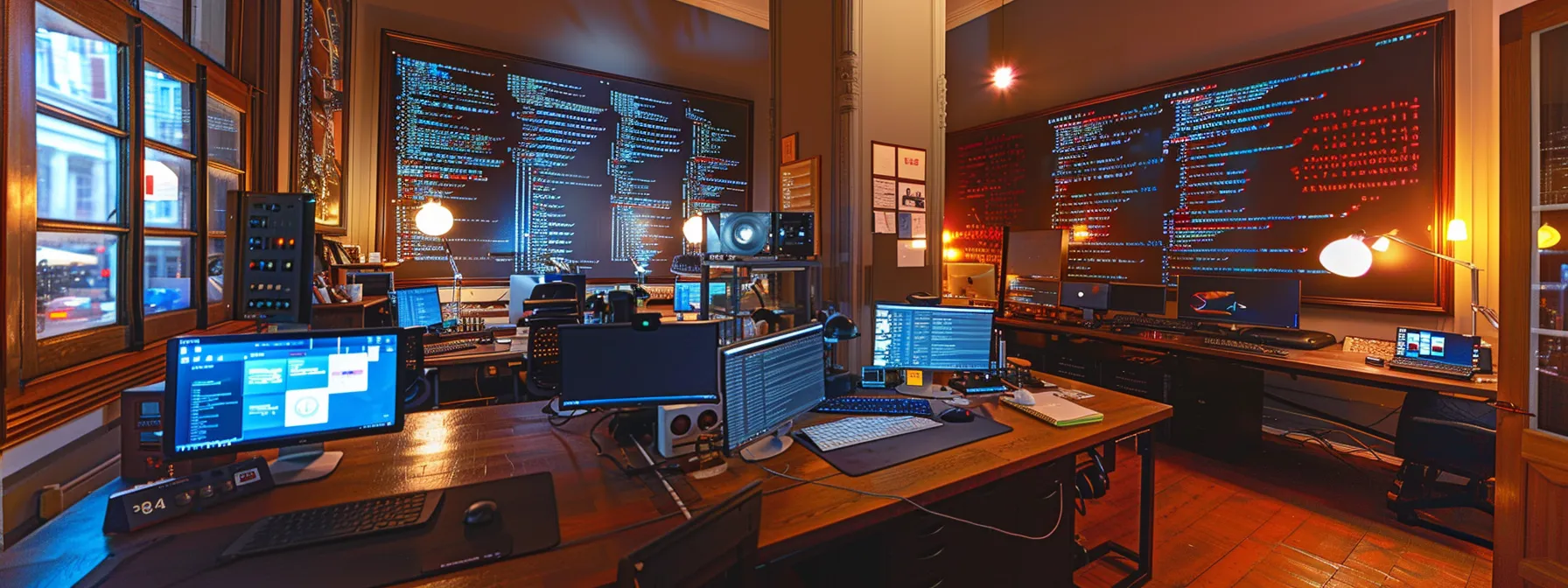Optimizing Your Workflow Using Bash, Bourne Again Shell Tools 11 a sleek, modern office workspace is filled with multiple computer screens displaying lines of bash code, surrounded by historical artifacts like vintage programming books and usenet posters, illuminated by focused desk lamps highlighting the evolution of coding techniques.