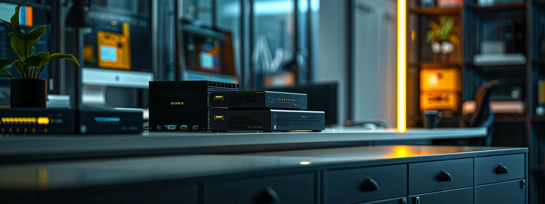 What is a Backup Storage Device? 12 a sleek, modern office workspace showcases a vibrant array of backup storage devices, including external hard drives, ssds, and network-attached storage units, each illuminated by focused, ambient lighting to highlight their advanced technology and performance features.