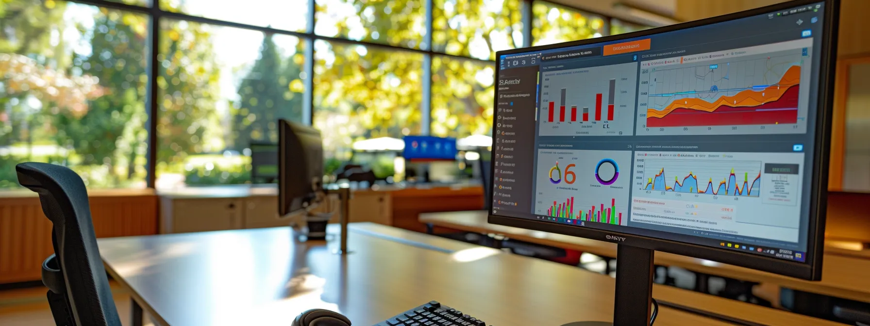 a sleek, modern office workspace features a high-tech computer setup displaying a dynamic dashboard of behavior-based security software, with vibrant visual graphs and security metrics glowing on the screen, illustrating robust cybersecurity solutions in action.