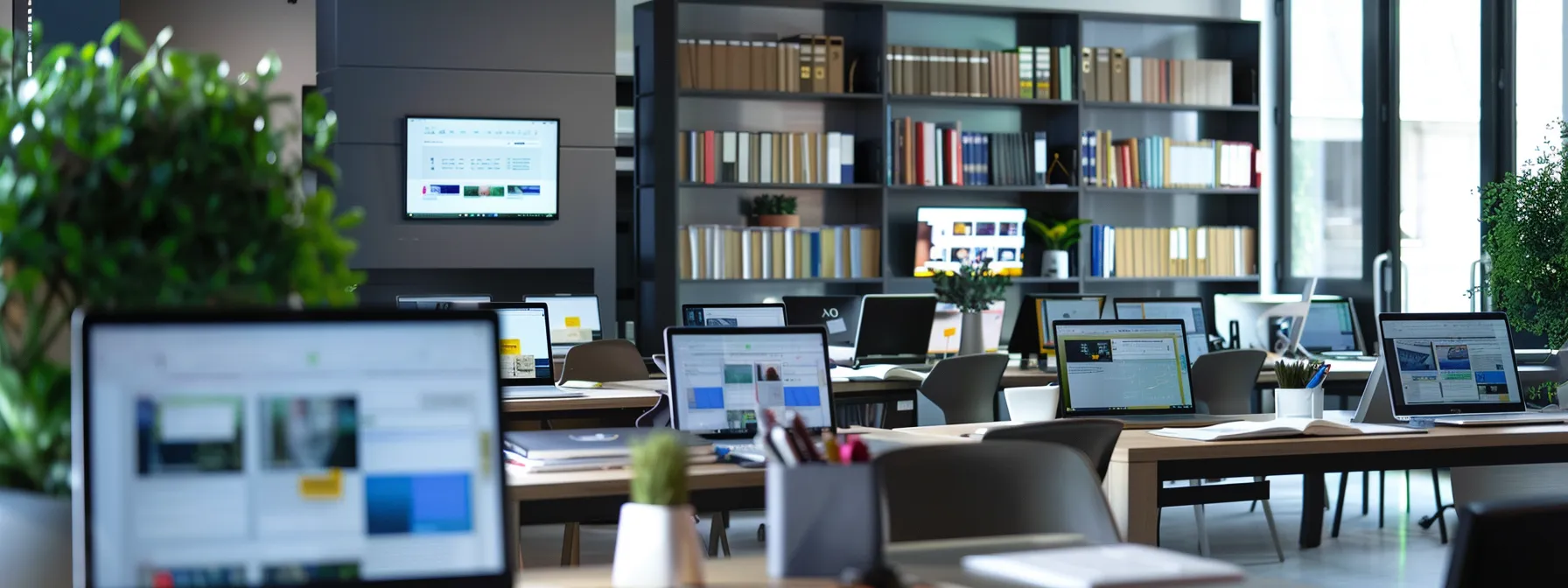 a sleek, modern office workspace is filled with open laptops displaying insightful data about bert, surrounded by books and digital screens showcasing recommended tutorials and videos, emphasizing a collaborative tech learning environment.