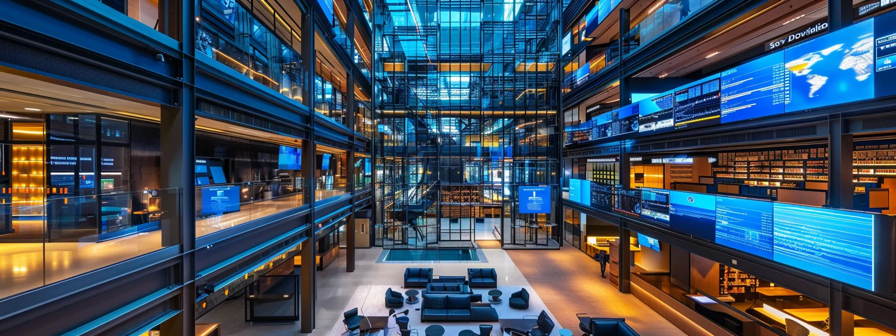 What is a Baseband Unit (BBU)? 16 a sleek, modern telecommunications office filled with advanced baseband unit architecture diagrams and digital screens displaying signal management processes, illuminated by cool blue lighting that underscores the tech-focused environment.