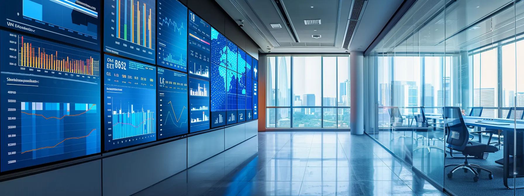a sleek urban office with large screens displaying dynamic graphs and charts illustrating technology benchmarks, financial evaluations, and educational metrics, bathed in modern, ambient lighting to convey a sense of innovation and analysis.