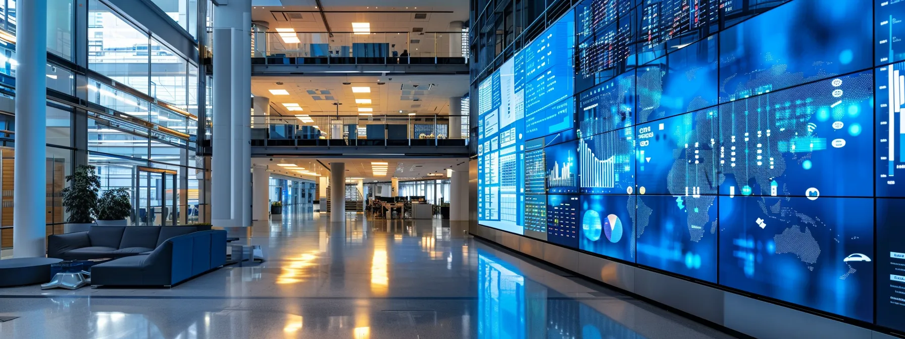 a sophisticated urban office space displays a large digital screen showcasing intricate data visualizations and graphs illustrating the complexities and challenges of beamforming technology, illuminated by sleek, modern lighting.