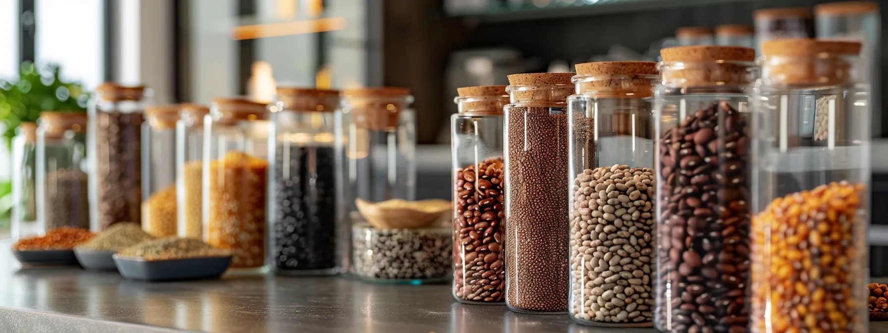 What is Bean? 12 a vibrant display of assorted bean varieties in clear glass jars on a sleek, modern office countertop, highlighting their rich colors and textures against a minimalistic urban backdrop.