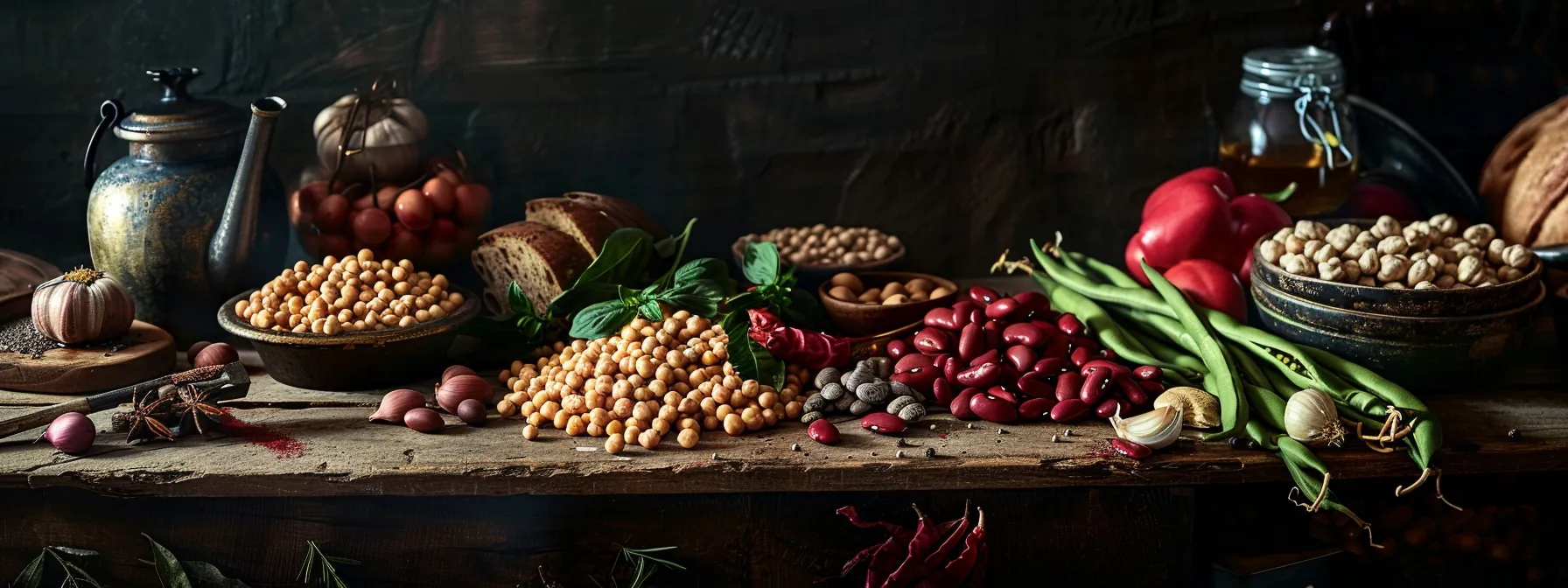 What is Bean? 11 a vibrant, historical kitchen setting showcases an array of ancient beans like chickpeas, soybeans, adzuki, and kidney beans, artfully arranged on a rustic wooden table, evoking the rich culinary legacy and trade significance of these ingredients across different cultures.