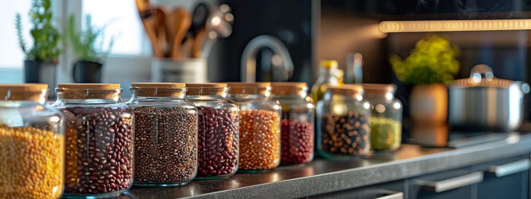 What is Bean? 10 a vibrant kitchen scene showcases a variety of colorful beans in elegant glass jars, highlighting their distinctive shapes and textures against a sleek countertop, with pots and cooking utensils arranged neatly in the background, symbolizing their importance in culinary creativity.