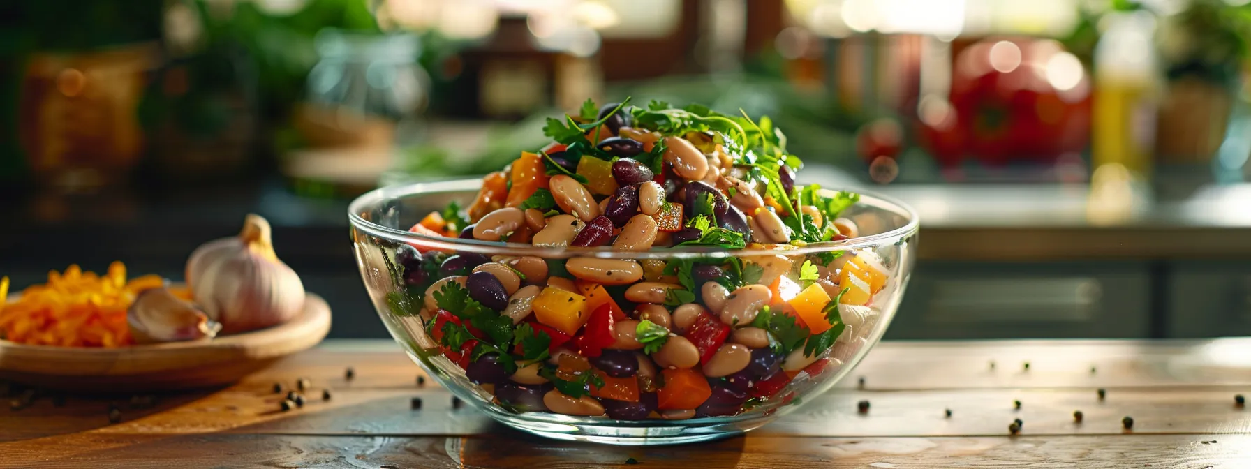 What is Bean? 17 an elegantly arranged bean salad sits in a modern glass bowl on a sleek wooden table, surrounded by vibrant culinary elements and spices, showcasing the bean's cultural significance and versatility in everyday cooking.