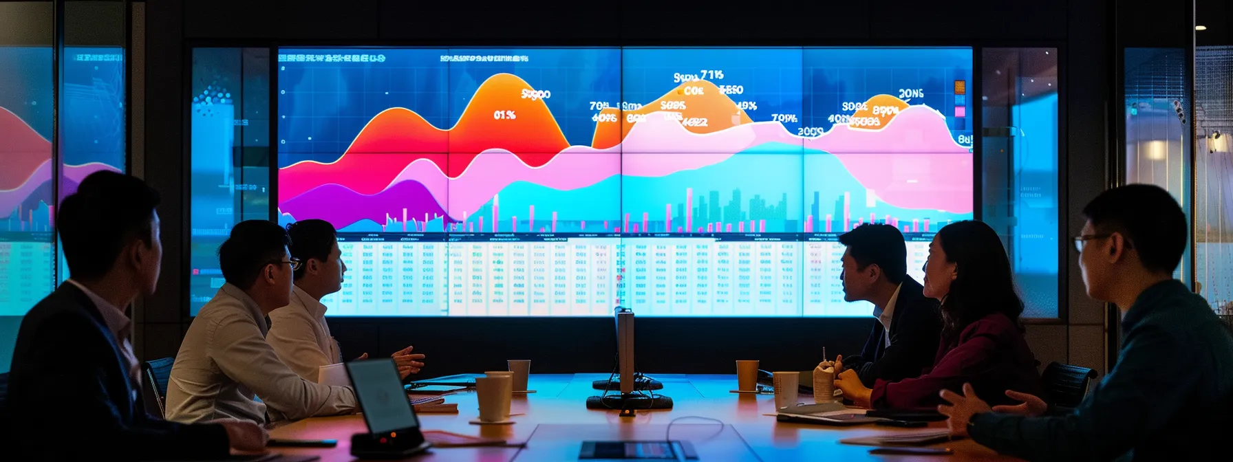What is the The Bell Curve? 11 an illuminated office conference room features a large screen displaying a detailed bell curve graphic, highlighting standard deviations with vibrant colors and clear labels, while a diverse group of professionals attentively engages in discussion around a sleek, modern table.