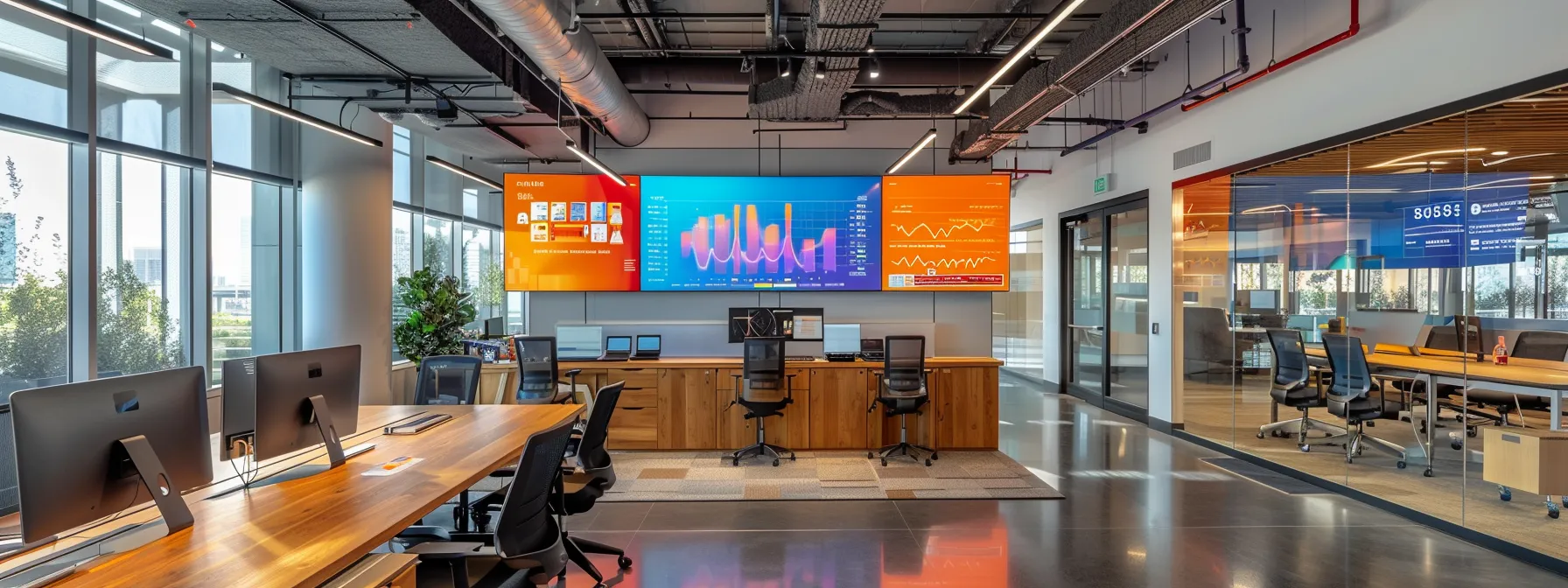 an impressive modern office space features a sleek computer workstation displaying baidu's advanced search algorithm interface, with vibrant graphs and analytics projected on surrounding screens, embodying the essence of cutting-edge technology and efficient information retrieval.