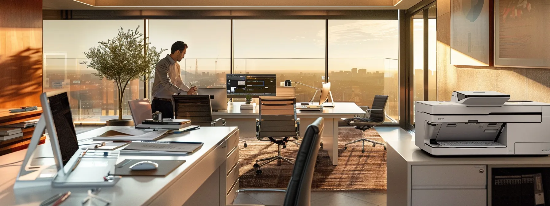 a focused office scene showcases a business professional engaged in a detailed review of a copier lease contract, surrounded by neatly arranged documents and a sleek laptop, with a modern conference room backdrop emphasizing the importance of thorough agreement analysis.