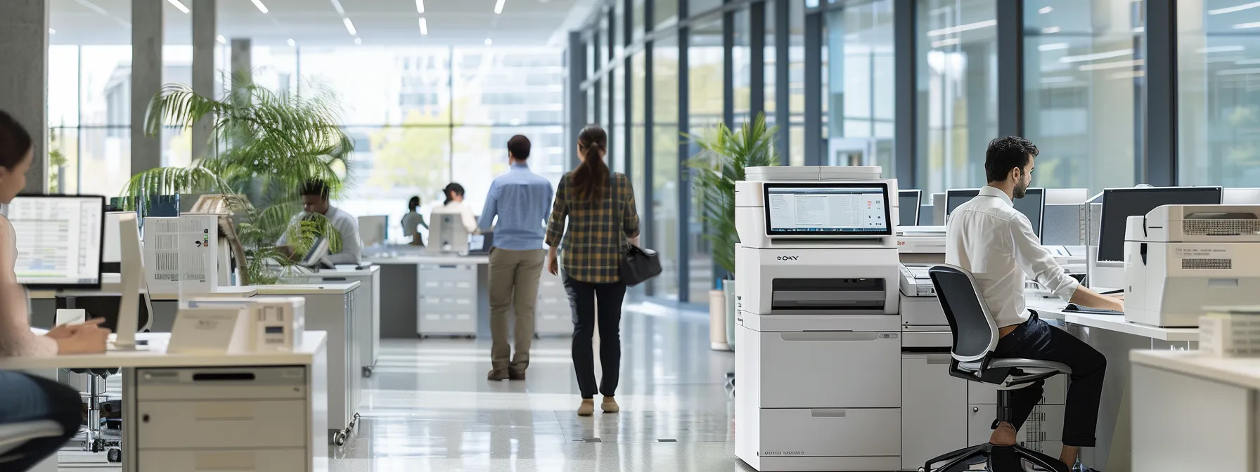Strengthening Office Security Using Copier Security Features 14 a modern office environment showcases a sleek, high-tech copier surrounded by employees engaged in a training session, emphasizing secure printing practices and document management in a vibrant, professional setting.