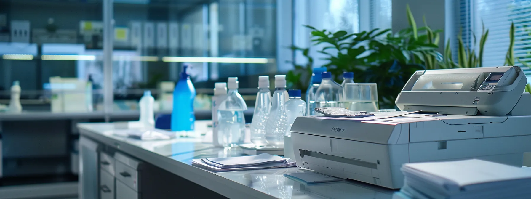 a polished office environment showcases a close-up of a pristine copier with glistening surfaces, an open maintenance manual on the desk, and cleaning supplies neatly arranged nearby, emphasizing the importance of a regular cleaning schedule for optimal performance.