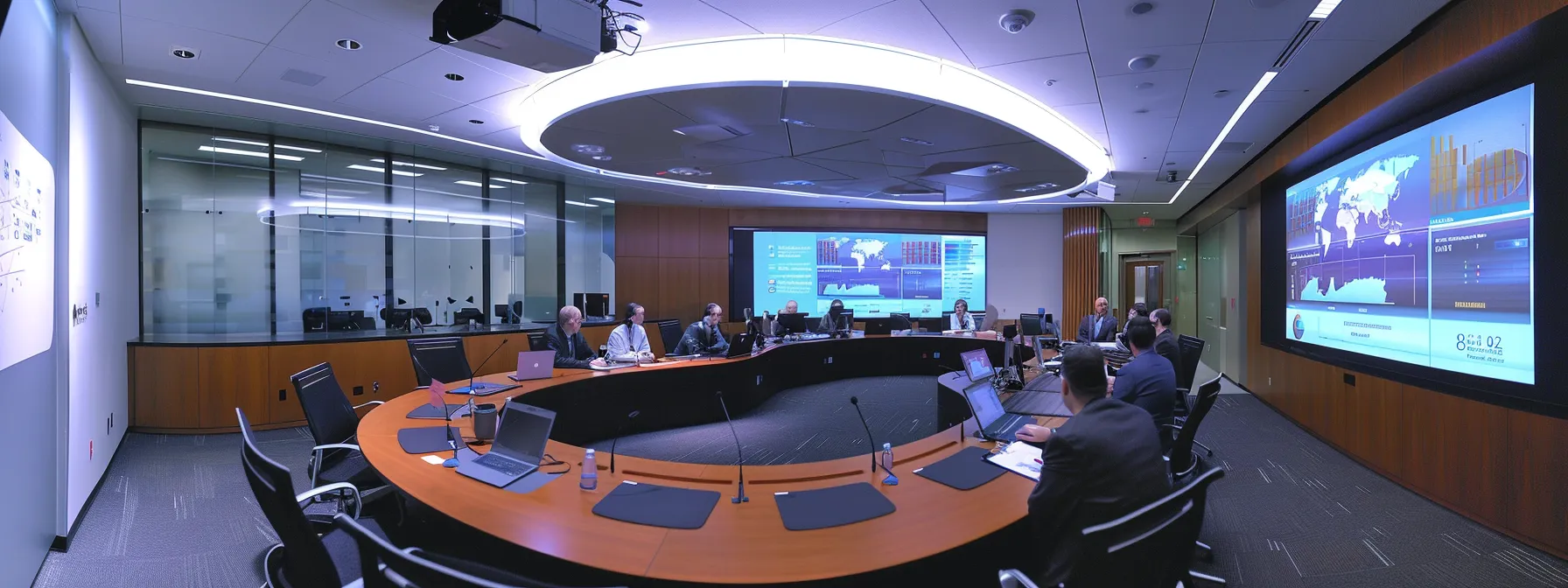 a sleek, modern office conference room features a large round table surrounded by dynamic professionals engaged in a lively discussion, with digital charts and lease agreements projected on a screen, emphasizing the strategic negotiation of copier lease terms.