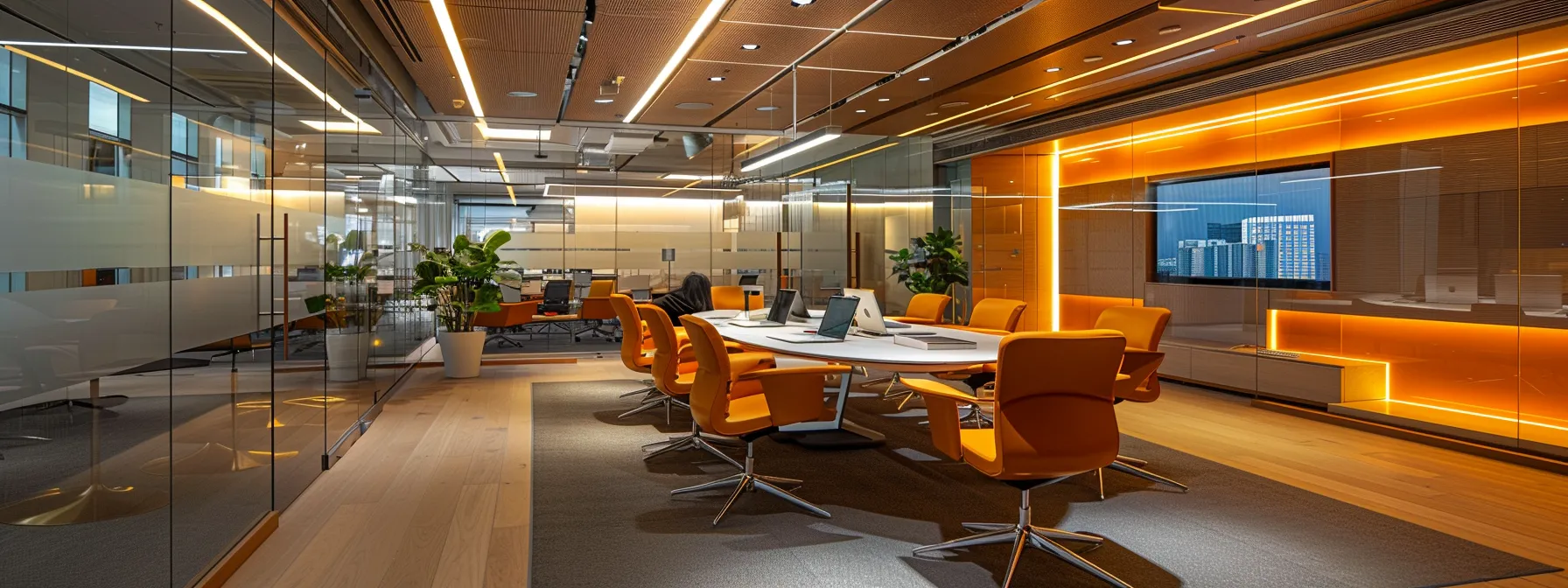 The Long-Term Advantages of Copier Leasing Uncovered 11 a sleek, modern office conference room filled with engaged professionals discussing strategic lease negotiations, with documents and digital tablets displaying proposals illuminated by sharp overhead lighting.