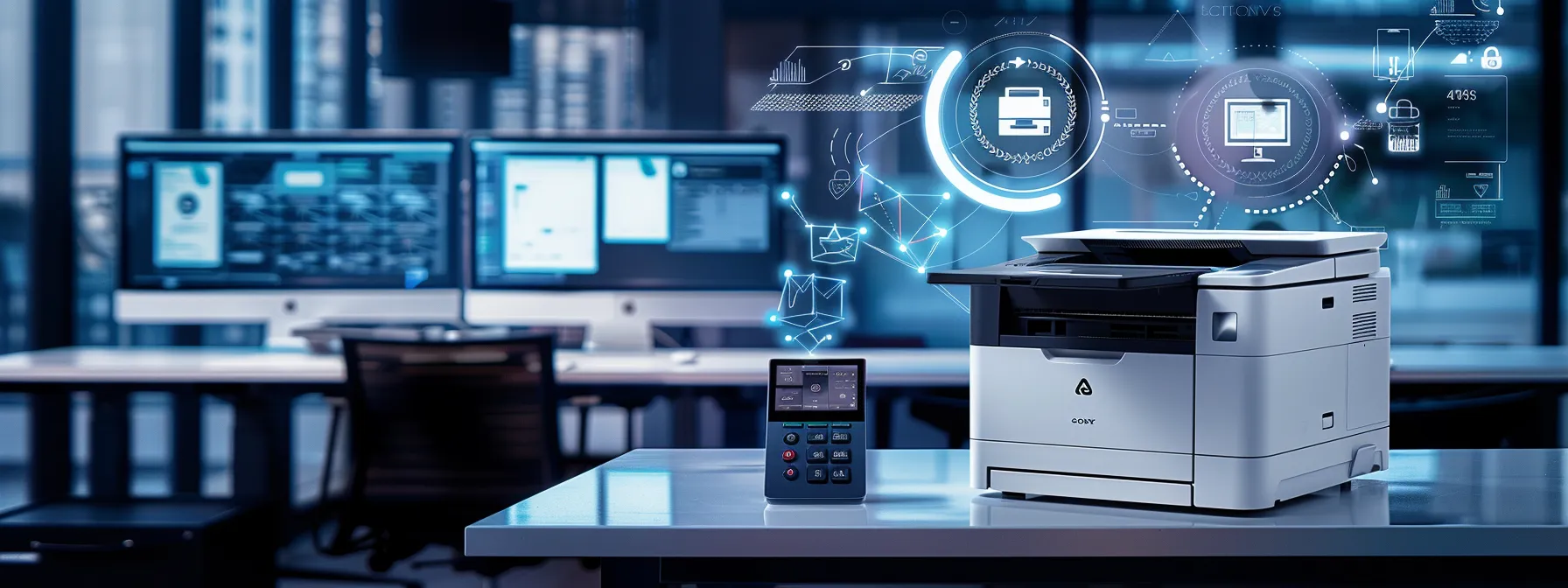 Strengthening Office Security Using Copier Security Features 13 a sleek, modern office environment showcases a multifunction printer isolated on a segmented network, with security icons and encrypted communication graphics prominently displayed on a computer monitor, emphasizing advanced network security measures.