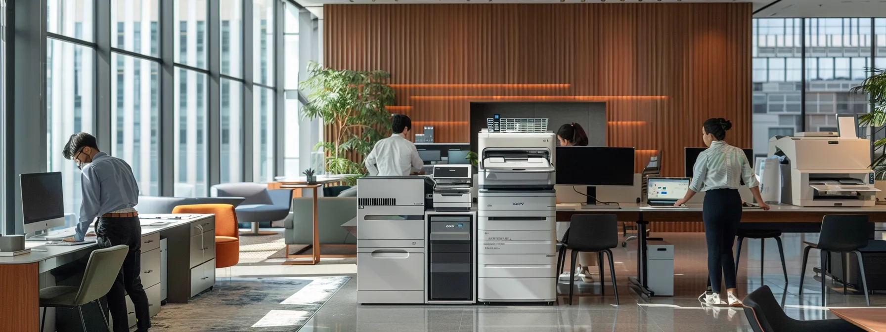 The Long-Term Advantages of Copier Leasing Uncovered 12 a sleek, modern office space showcases an organized copier area, with employees engaged in a collaborative session, analyzing usage data on digital screens to implement efficient printing strategies and maintain robust cost control.
