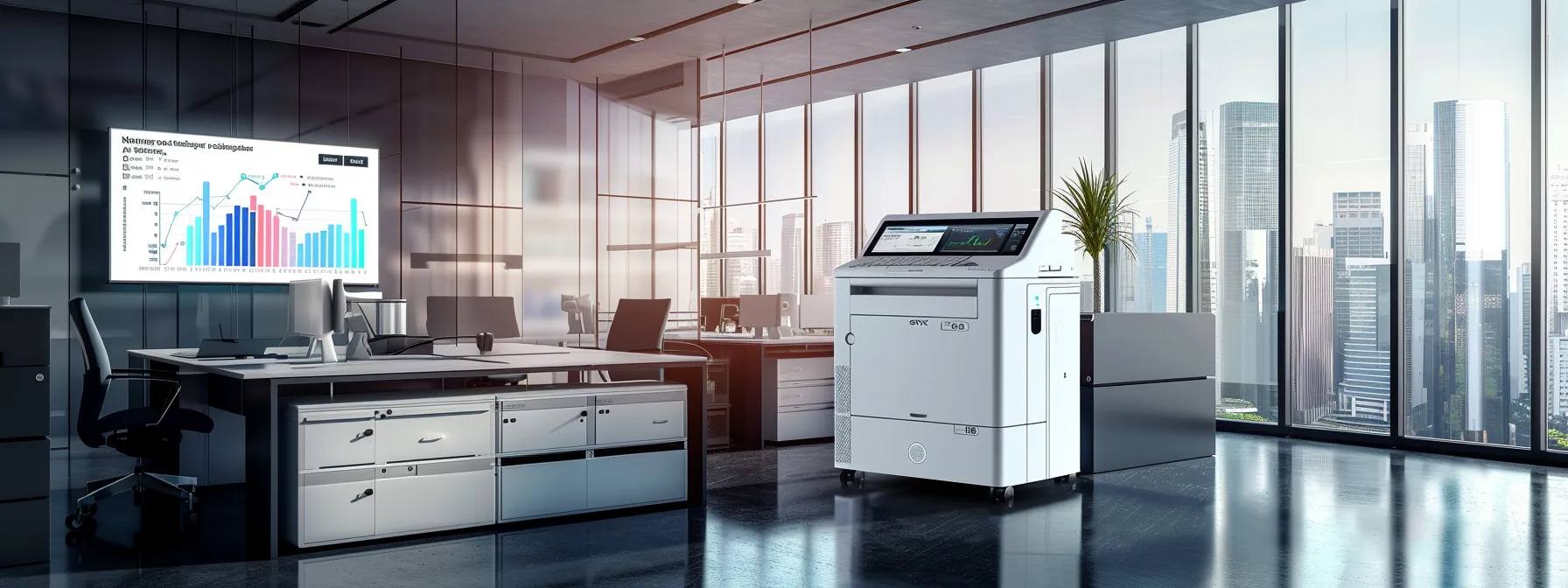 A sleek, modern office space features a high-tech cloud-compatible copier prominently displayed, with vibrant digital graphs and data analytics projected on a nearby screen, emphasizing the integration of technology in enhancing business efficiency.